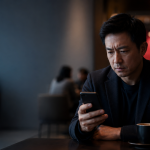 一位男性在昏暗環境用手機瀏覽陌生社群訊息，神情警覺，象徵 LINE/FB 私下包養管道的詐騙風險