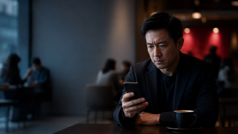 一位男性在昏暗環境用手機瀏覽陌生社群訊息，神情警覺，象徵 LINE/FB 私下包養管道的詐騙風險