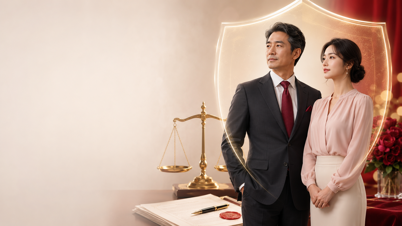 包養法律完整解析：成功男士與優雅甜心在正義天秤與契約象徵下，呈現受法律規範保障的安全包養關係