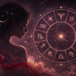 十二星座符號環繞的玫瑰金星盤與暮色星空，融入優雅女性側影，象徵12星座甜心的性格特質