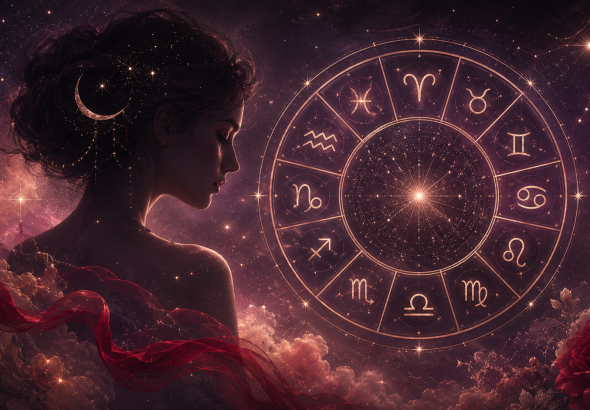 十二星座符號環繞的玫瑰金星盤與暮色星空，融入優雅女性側影，象徵12星座甜心的性格特質
