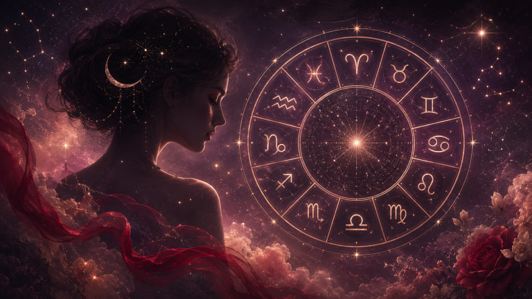 十二星座符號環繞的玫瑰金星盤與暮色星空，融入優雅女性側影，象徵12星座甜心的性格特質