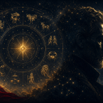 十二星座符號環繞的金色星盤與夜空星光，融入成熟男性側影，象徵12星座糖爹的性格解析
