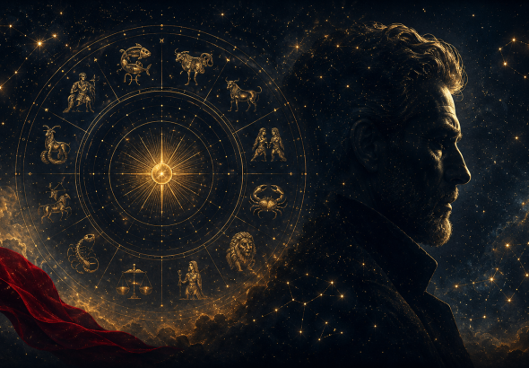 十二星座符號環繞的金色星盤與夜空星光，融入成熟男性側影，象徵12星座糖爹的性格解析