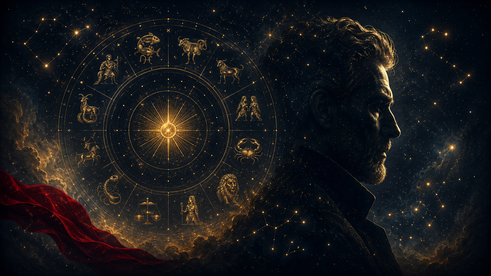 十二星座符號環繞的金色星盤與夜空星光，融入成熟男性側影，象徵12星座糖爹的性格解析